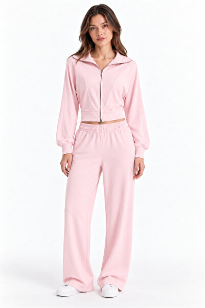 Perspective Pink Zippered Crop Tracksuit Set