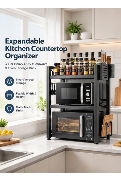 Generic Extensible microwave oven rack for kitchen countertop storage, with 3...