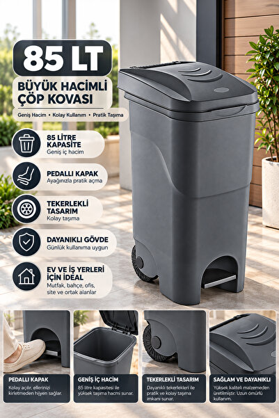 Porsima 1150 85 Lt Tekerlekli Pedallı Çöp Kovası - Büyük Boy Mutfak, Bahçe Ve Banyo Çöp Konteyneri Antrasit