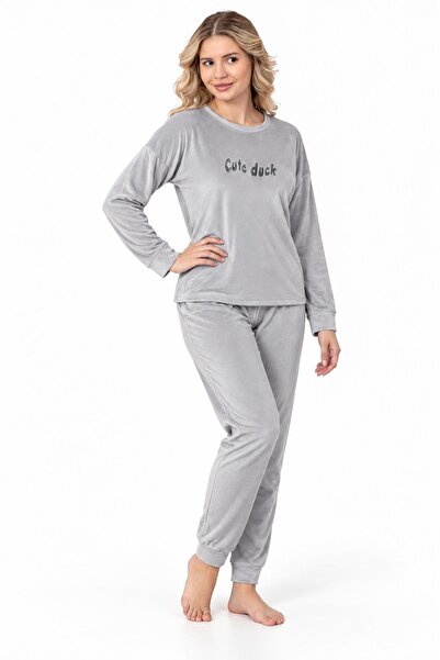 cotonhause Kadın Uzun Kol Kadife Kumaş Gri Pijama Takımı C1T4N66