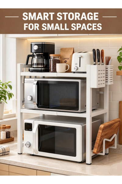 Generic Extensible microwave oven rack for kitchen countertop storage, with 3...
