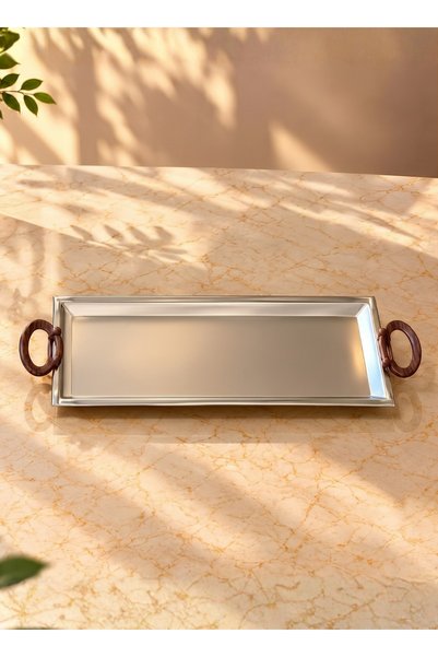 Deluxe Rectangular Single Steel Serving Tray, Matte Silver with Wooden Handle...