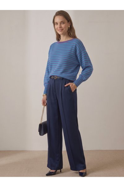 VEGENZE Purple Blue Striped Crew Neck Ribbed Detailed Knitwear Sweater