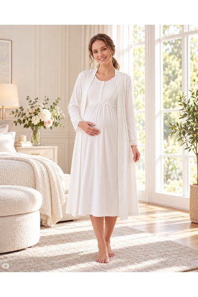 FLZ Maternity Viscose Nightgown and Dressing Gown Set with Lace and Breastfeeding Detail 32-90