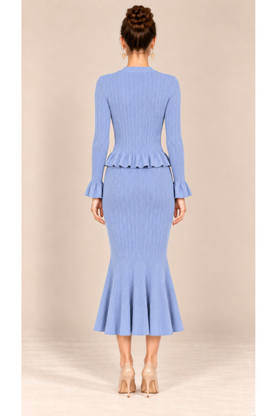 2TRENDY Women's Clothing Blue Color Gold Button Blazer and Midi Skirt Two Piece Set