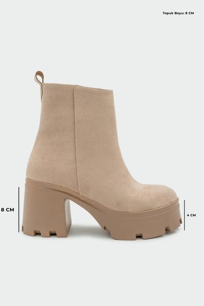 LAMİNTA Streep Women's Beige Suede Boots Thick Heeled 8 cm Threaded Sole Plat...