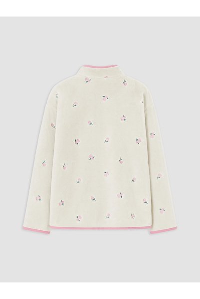 Lavanta Tekstil Cardigan din pluș cu broderie florală roz, cu textură moale