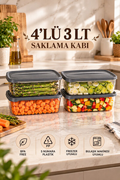 Porsima 1004 4'lü Dikdörtgen Saklama Kabı Seti 3 LT Gri - Şeffaf Buzdolabı İçi Sebze Meyve & Erzak Düzenleyici Kutu