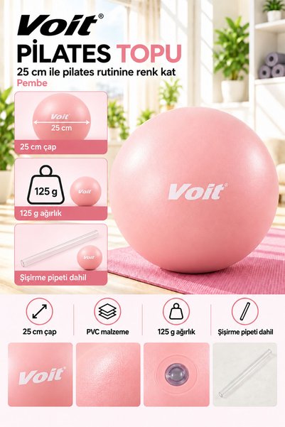 Voit 25 cm Mini Pilates Topu Yoga Fitness Egzersiz ve Denge Topu Şişirme Pipe...