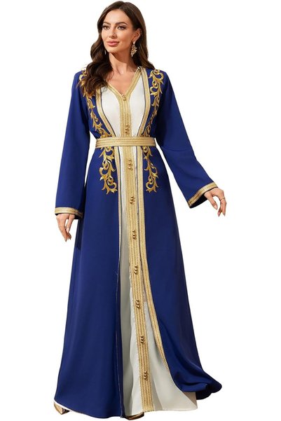 Abaowedding عباءة إسلامية أنيقة باللون الأزرق الملكي، مزينة بتطريز ذهبي، فستا...