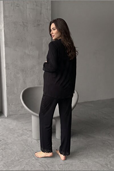 Miss Dünya Lissa Veloria Shirt Collar Lace Embroidered Maternity and Postpartum Pajama Set