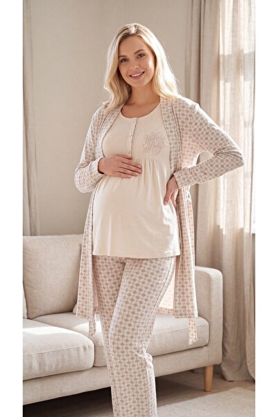 FLZ Women's Maternity 3-Piece Viscose Pajama Set with Robe Long Sleeve Hospital Release m L XL XXL 31-152