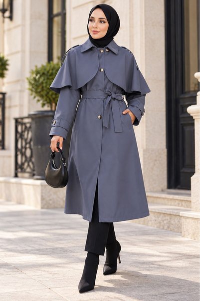 Neşeli Butik Women's Anthracite Cape Detailed Belted Buttoned Long Trench Coat Nbft015