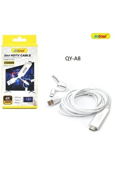 Andowl Καλώδιο HDTV QY-A8 3 σε 1, HDMI, USB-C, Lightning, 2m Λευκό
