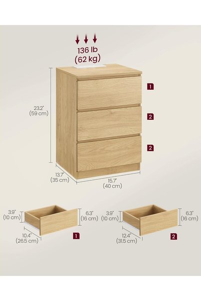 VASAGLE Noptieră Kailyn cu prize și USB integrate, 3 sertare, PAL, 40x35x59 cm