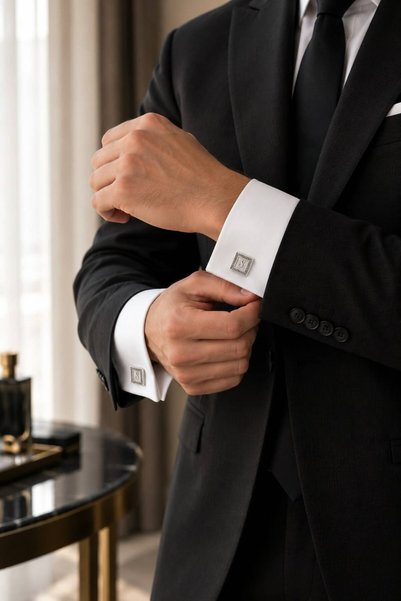 Satürn Silver Kuyumculuk Gümüş Kaplama 2 Harfli Kare Detaylı Şık Kol Düğmesi Damat Hediyesi Düğün Nişan Kişiye Özel