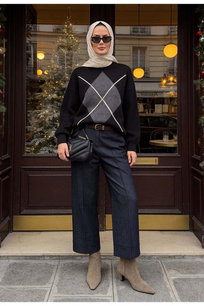 Aselim Hijap Moda Baklava Patterned Knitwear Soft Sweater Black