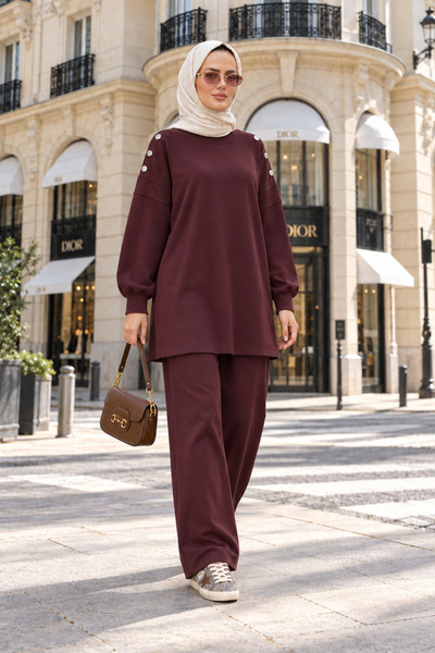 Aselim Hijap Moda Mira Shoulder Buttoned Oversize Modal Trousers Suit Burgundy