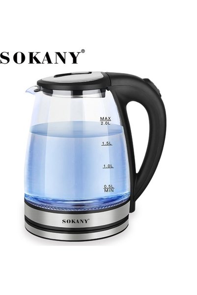 SOKANY Βραστήρας γυάλινος 2lt 1500W SK-1029 μαύρος για γρήγορο βράσιμο