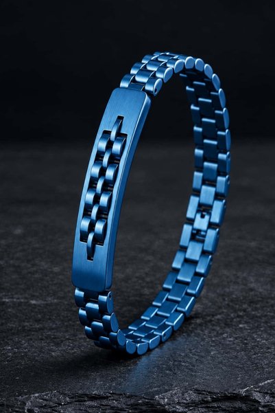 OSMANLI GÜMÜŞ Men's Steel Bracelet Blue Color Thin Watch Band Designed Plate ...