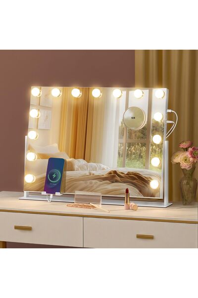SONGMICS Oglindă de machiaj cu LED, 3 culori de lumină, suport pentru telefon...