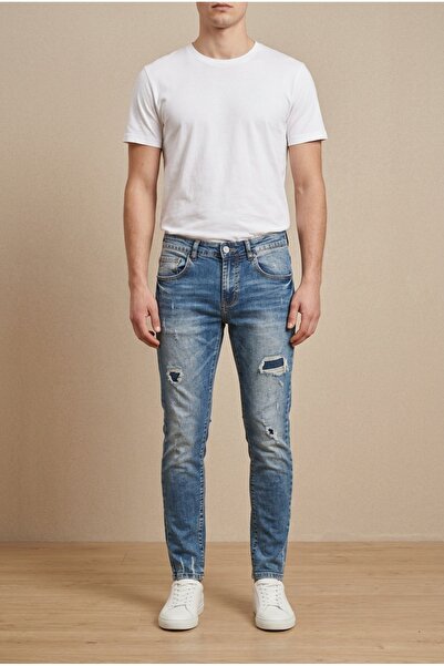 OEM Blugi barbati casual regular fit prespalati cu petice interioare si ruptu...