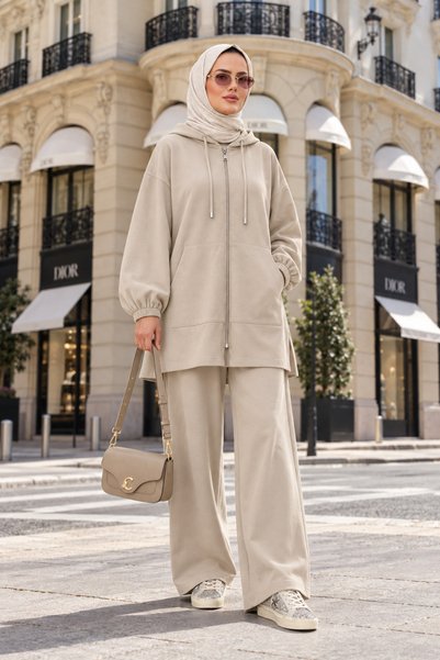 Aselim Hijap Moda Nova Fermuarlı Kapüşonlu Modal Pantolonlu Takım Bej