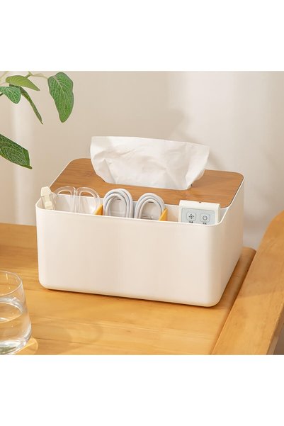 ZODIACOOL Organizator birou plastic alb, lemn, suport șervețele și 3 comparti...