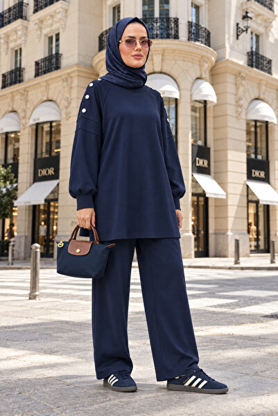 Aselim Hijap Moda Mira Omuz Düğmeli Oversize Modal Pantolonlu Takım Lacivert