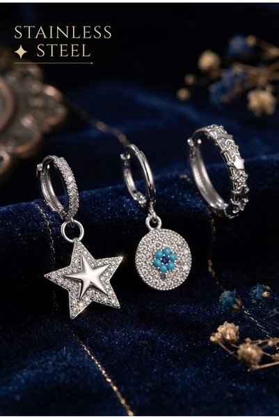 stainless steell Brass Silver Color Zircon Stone Star Model Evil Eye Bead Det...