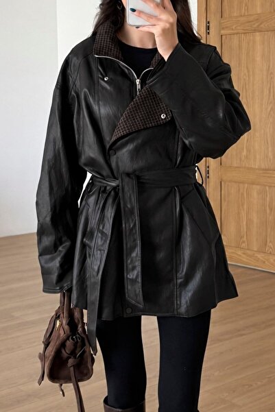 Suziş Black Plaid Garnished Leather-Like Jacket Per9841