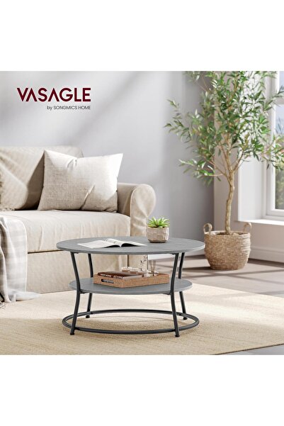 VASAGLE Măsuță de cafea rotundă cu raft, 80x80x47 cm, cadru metalic, stil ind...