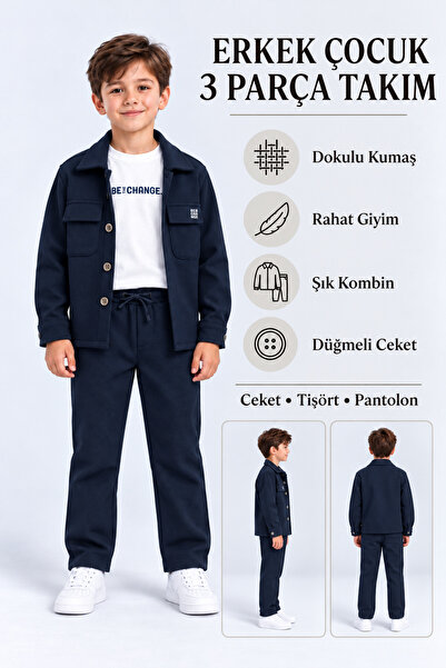 AHENGİM Stylish Boys' 3-Piece Clothing Set: Jacket, Printed T-Shirt and Pants Set Ak6218