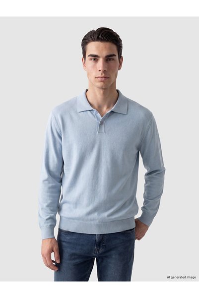 LC Waikiki Nevavm Blue Knitwear Plain Polo Collar Men's Sweater with Difference