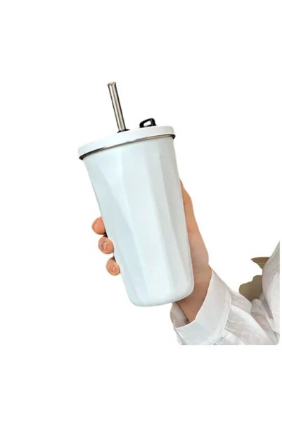 OEM Θερμός - ποτήρι με μεταλλικό καλαμάκι 600ml σε λευκό χρώμα