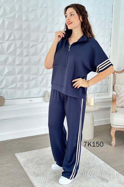 İnce Topuk Striped Modal Suit with Zippered Collar 7K150