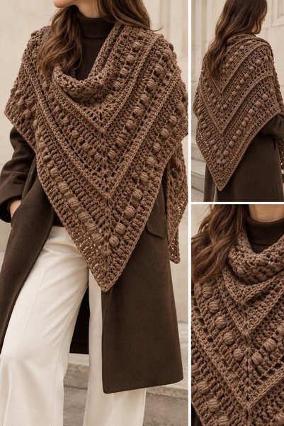 Generic Brand Hand-Knitted Brown Triangle Shawl – 58% Alpaca, 14% Merino Wool, Openwork and Peanut Patterned Women's Shoulder Shawl