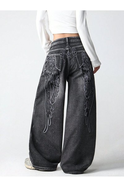 SEFUR Y2K Angel Wings Embroidered Washed Baggy Jean Pants