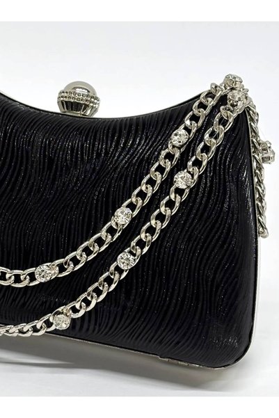 BEEGİ CONCEPT Beegi Black Wave Pattern Evening Dress Clutch with Zircon Strap and Shoulder Strap for Wedding Invitations, Parties, and Evening Events