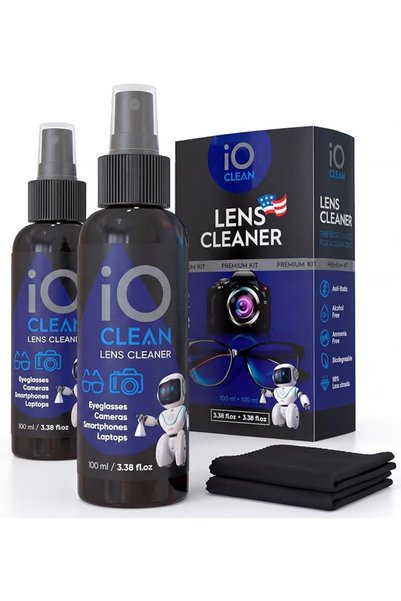 io clean منظف عدسات النظارات (3.38 أونصة + 3.38 أونصة + 2 قطعة قماش) - زجاجتا...