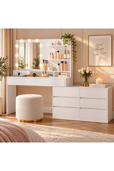 VASAGLE Masă de toaletă modulară Kailyn cu oglindă, 9 becuri LED reglabile, 8...