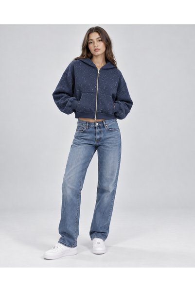 CALİENTE Kadın Şimli Kapüşonlu Fermuarlı Cepli Oversize Sweatshirt