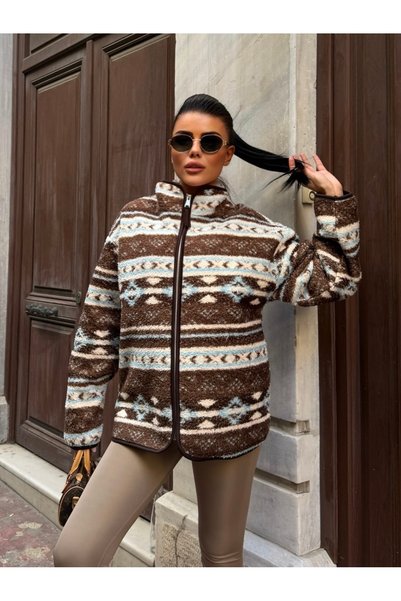 LE CARAMBOLE Women's Patterned Zippered Oversize Plush Sweatshirt