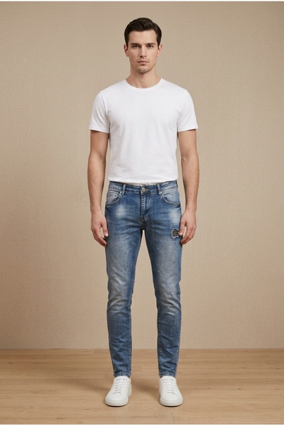 OEM Blugi barbati casual regular fit prespalati cu aplicatie decorativa cu ca...