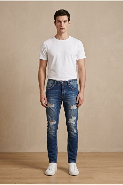 OEM Blugi barbati casual regular fit prespalati cu rupturi decorative suprapu...