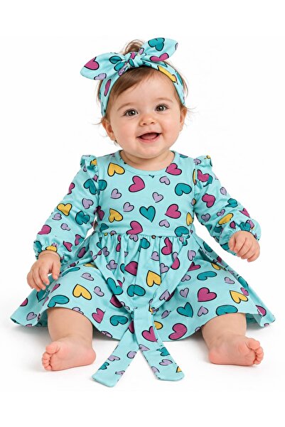 KETBaby 3-18 Months Baby Girl White Heart Printed Belted Dress and Bandana Set