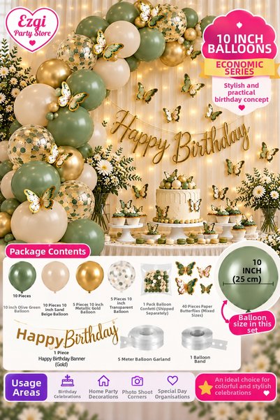 Ezgi Party Store Mildew Green Sand Beige Gold Balloon Chain Butterfly Birthda...