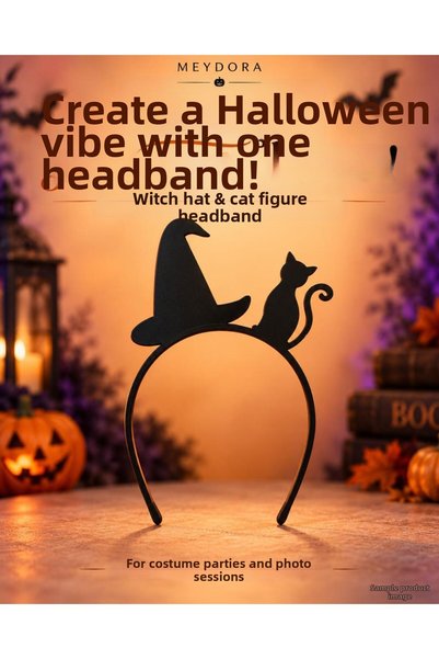 Myd Group Meydora Black Halloween Crown – Halloween Costume Accessory with Witch Hat and Cat Figure