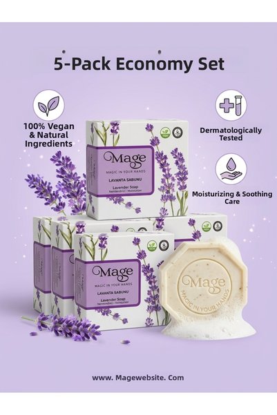 Mage Cosmetics Natural Lavender Soap Moisturizing and Relaxing Vegan Hand, Face and Body Care Soap 5-Piece Advantageous Package