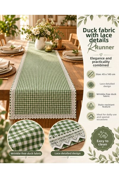 Elegancembroidery 45X145 Green Checkered Lace Runner Tablecloth – Stain-Resis...